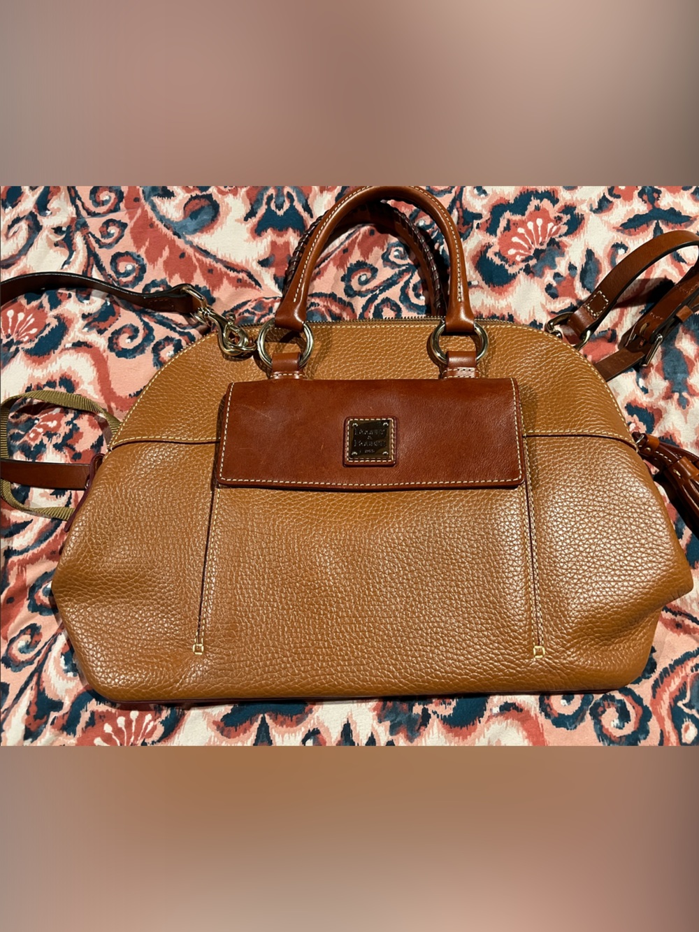 Dooney & Bourke Tan and Brown Pebbled Leather Tote with Tassel